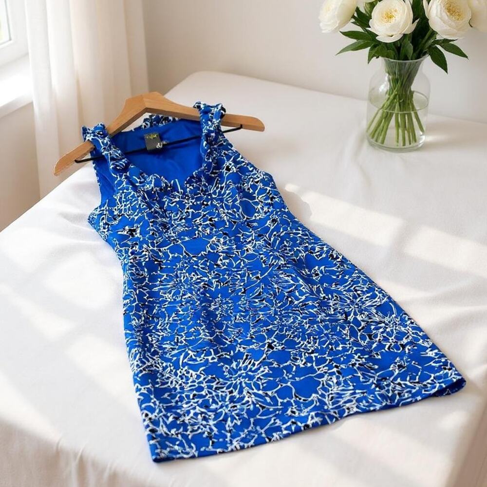 Taylor Nordstrom Ruffle Collar Sheath Dress Blue White Floral Career Womens 6